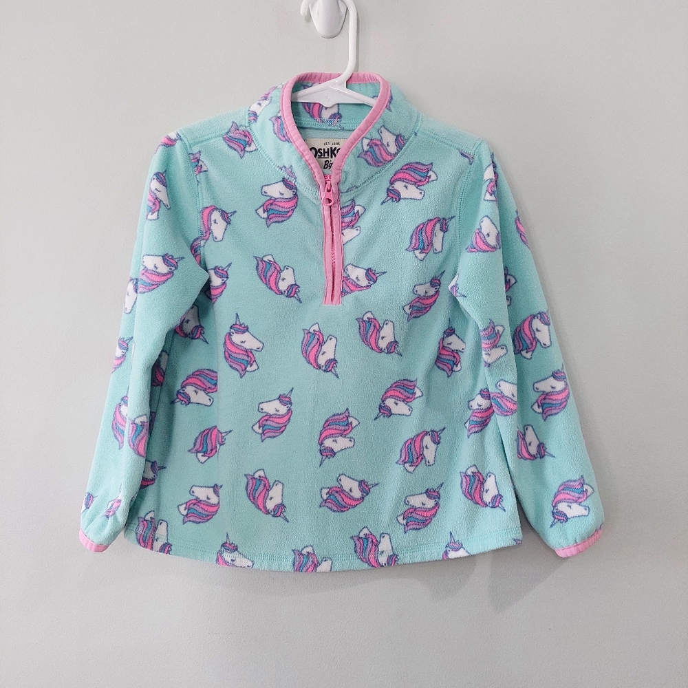Oshkosh B'gosh little girl's fleece jacket 4T quarter zip seafoam blue Unicorns
